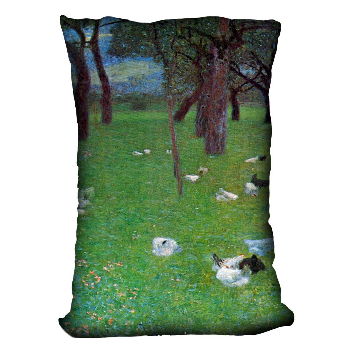 Vibrant Klimt cushion featuring abstract design of a garden with chickens, made from luxurious vegan faux suede.