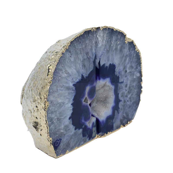 Elegant agate bookends with gold electroplated edges, showcasing vibrant colors and intricate patterns, perfect for home decor.