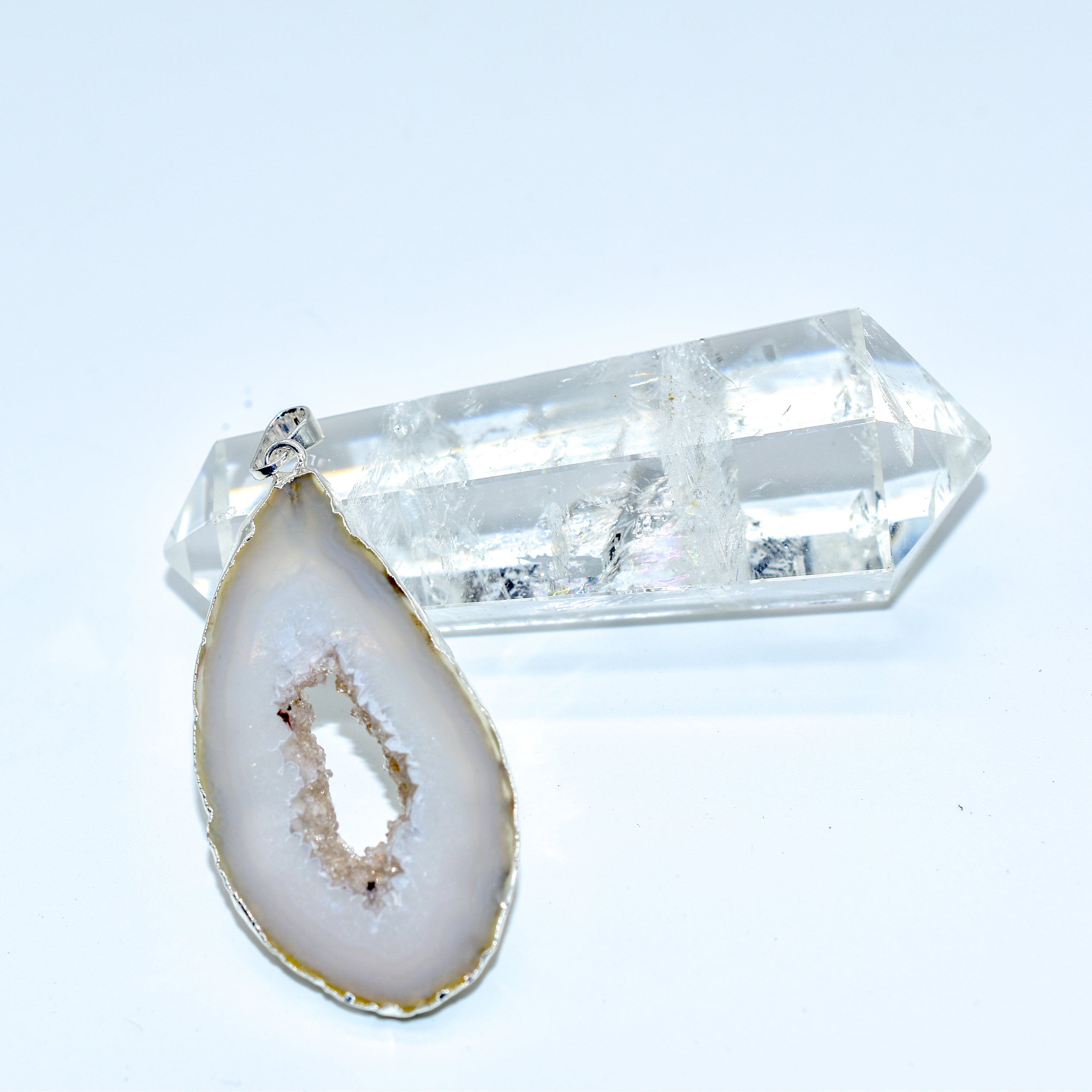 A beautiful Agate Slice Plated Pendant showcasing natural agate with sparkling druzy, hand plated in silver or gold.