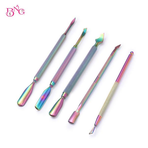 BNG 2 Way Rainbow Nail Art Tools made of stainless steel, featuring a dual-ended design for cuticle pushing and nail cleaning.