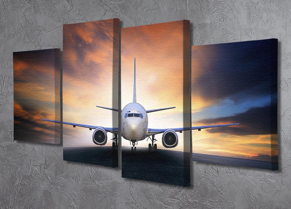 A beautiful 4-split canvas artwork depicting an airplane preparing for takeoff, showcasing dynamic movement and vibrant colors.