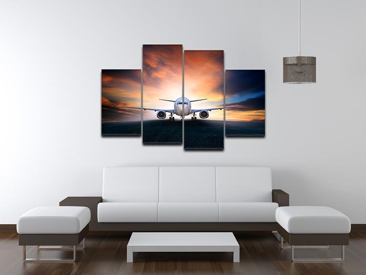 A beautiful 4-split canvas artwork depicting an airplane preparing for takeoff, showcasing dynamic movement and vibrant colors.