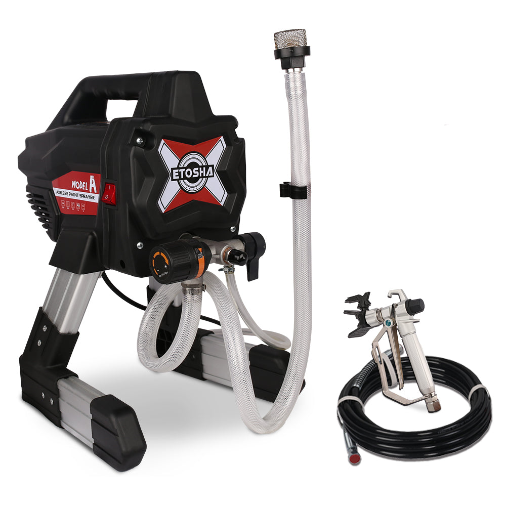 1200W Airless Paint Sprayer with stainless steel piston pump and flexible suction tube, ideal for DIY painting projects.