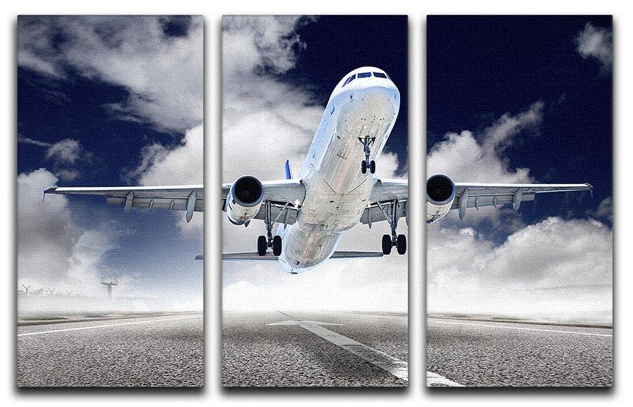 A stunning 3-panel canvas print depicting an airplane taking off, showcasing vibrant colors and dynamic imagery.
