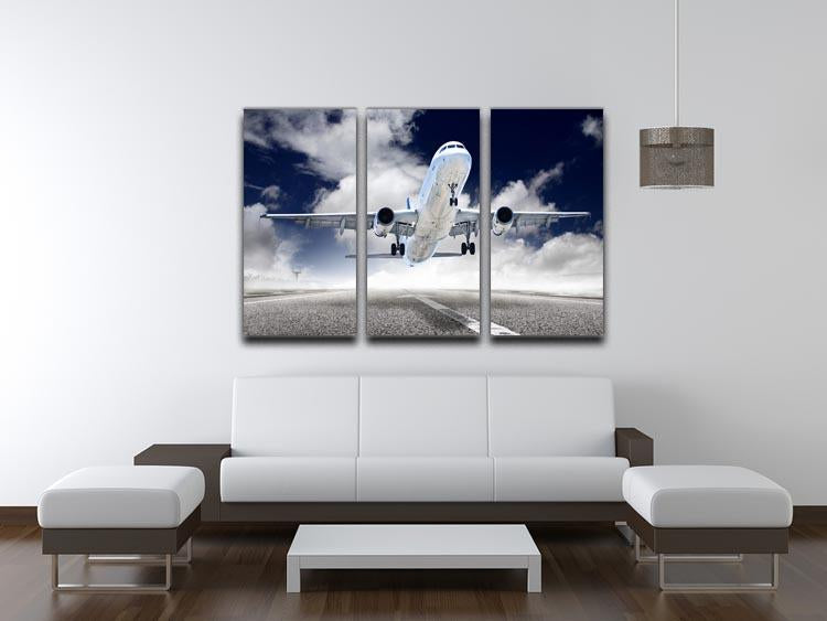 A stunning 3-panel canvas print depicting an airplane taking off, showcasing vibrant colors and dynamic imagery.