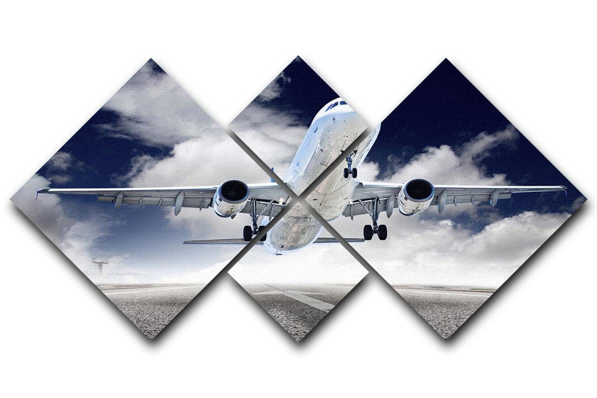 A stunning multi-panel canvas artwork depicting an airplane taking off, divided into four equal squares, showcasing vibrant colors and dynamic imagery.