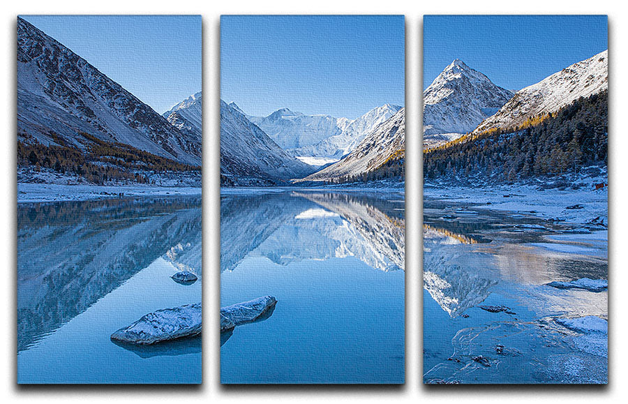 Akkem Lake 3 Split Panel Canvas Print showcasing serene lake scenery across three panels.
