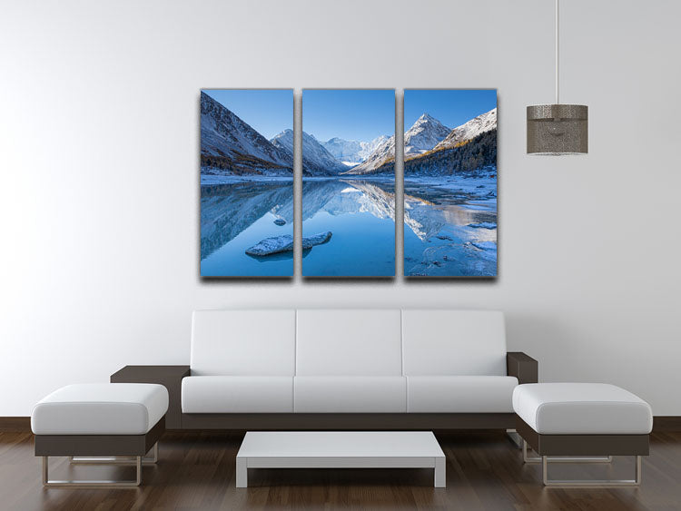 Akkem Lake 3 Split Panel Canvas Print showcasing serene lake scenery across three panels.