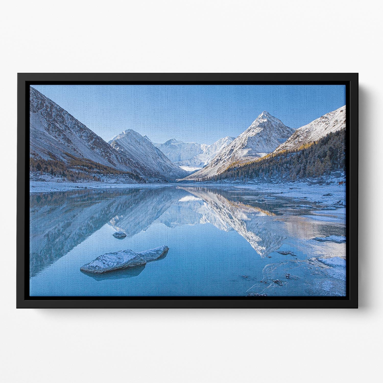 Akkem Lake Floating Framed Canvas featuring vibrant abstract colors and elegant wooden frame, perfect for modern home decor.