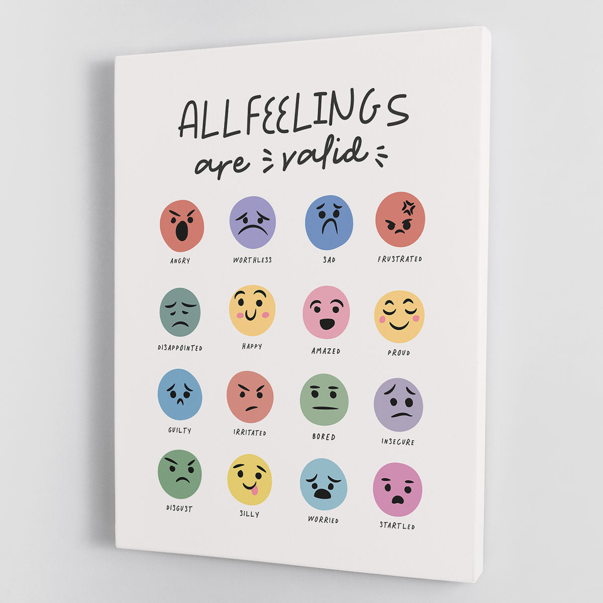All Feelings Are Valid Canvas Print featuring a colorful and inspirational design, perfect for home or office decor.