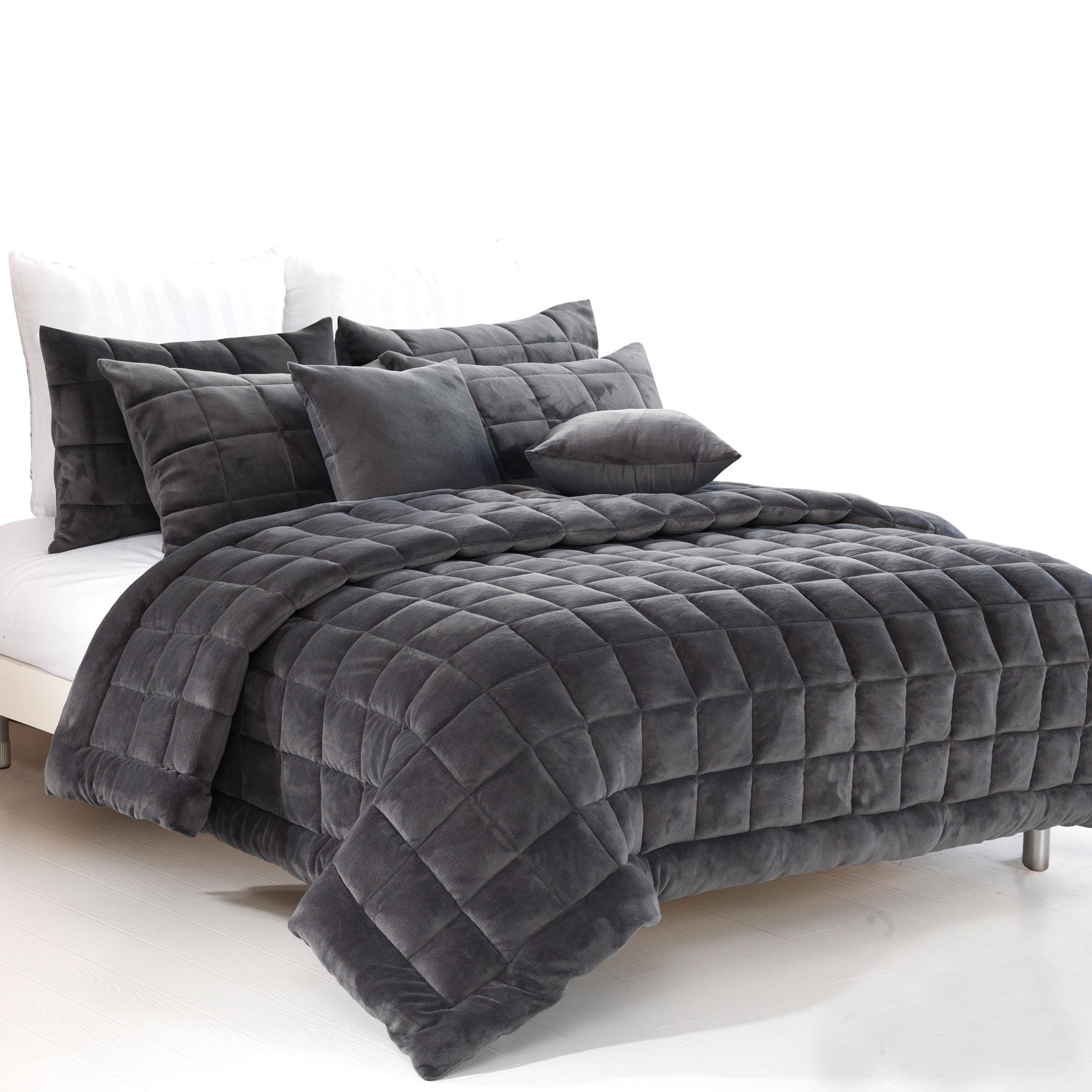 Alastairs Augusta Faux Mink Quilt Set in Charcoal, featuring a quilted square design, soft faux mink fabric, and included pillowcases.