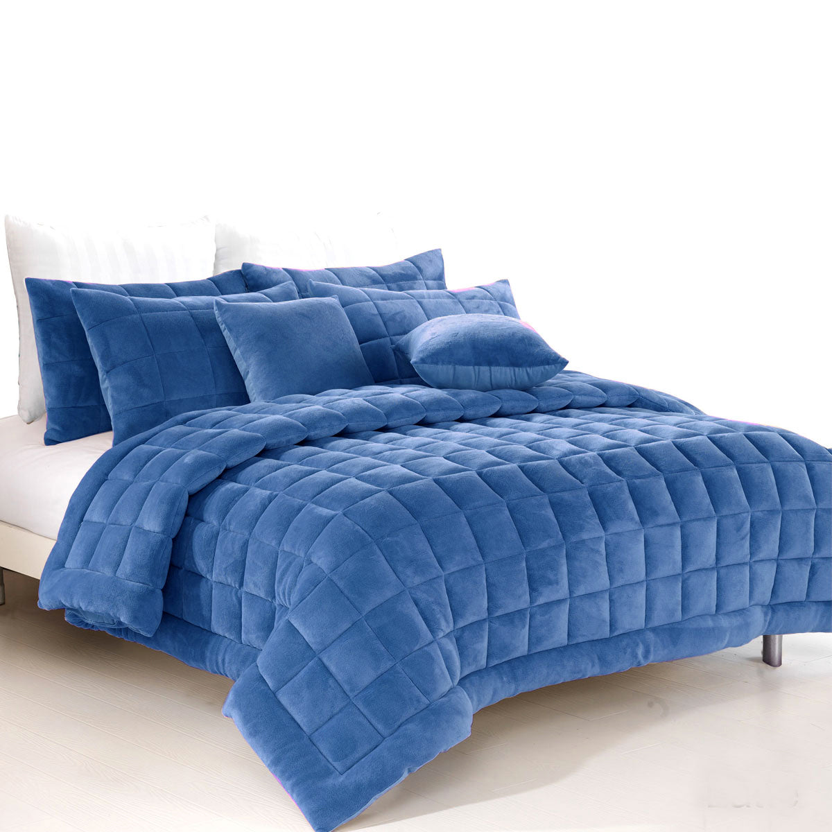Alastairs Augusta Faux Mink Quilt Set in Denim, featuring a quilted box design and soft touch fabric, perfect for a cozy bedroom.