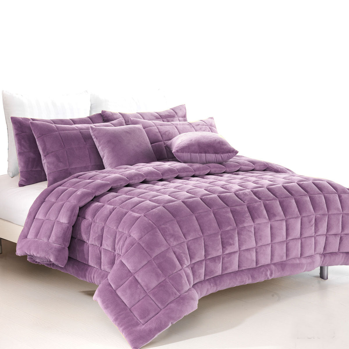 Alastairs Augusta Faux Mink Quilt Set in Lilac, featuring a quilted square design and soft touch fabric, perfect for a stylish bedroom.