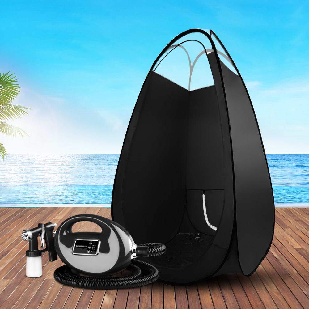 Alba Spray Tan Machine Kit with Spray Gun and Tent, featuring a sleek black design and compact structure for home tanning.