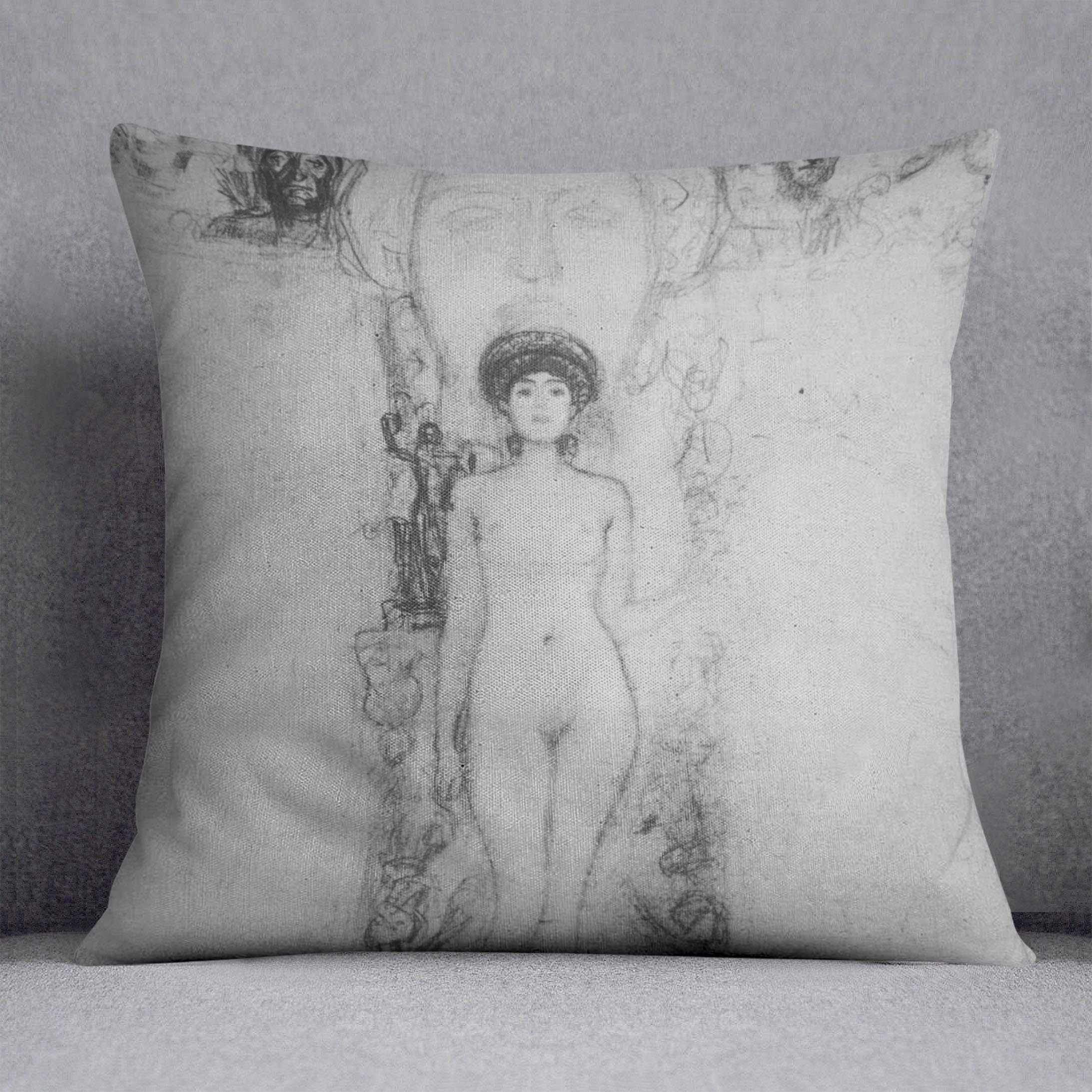 Allegory of Sculpture by Klimt Cushion featuring vibrant abstract design on luxurious vegan faux suede.