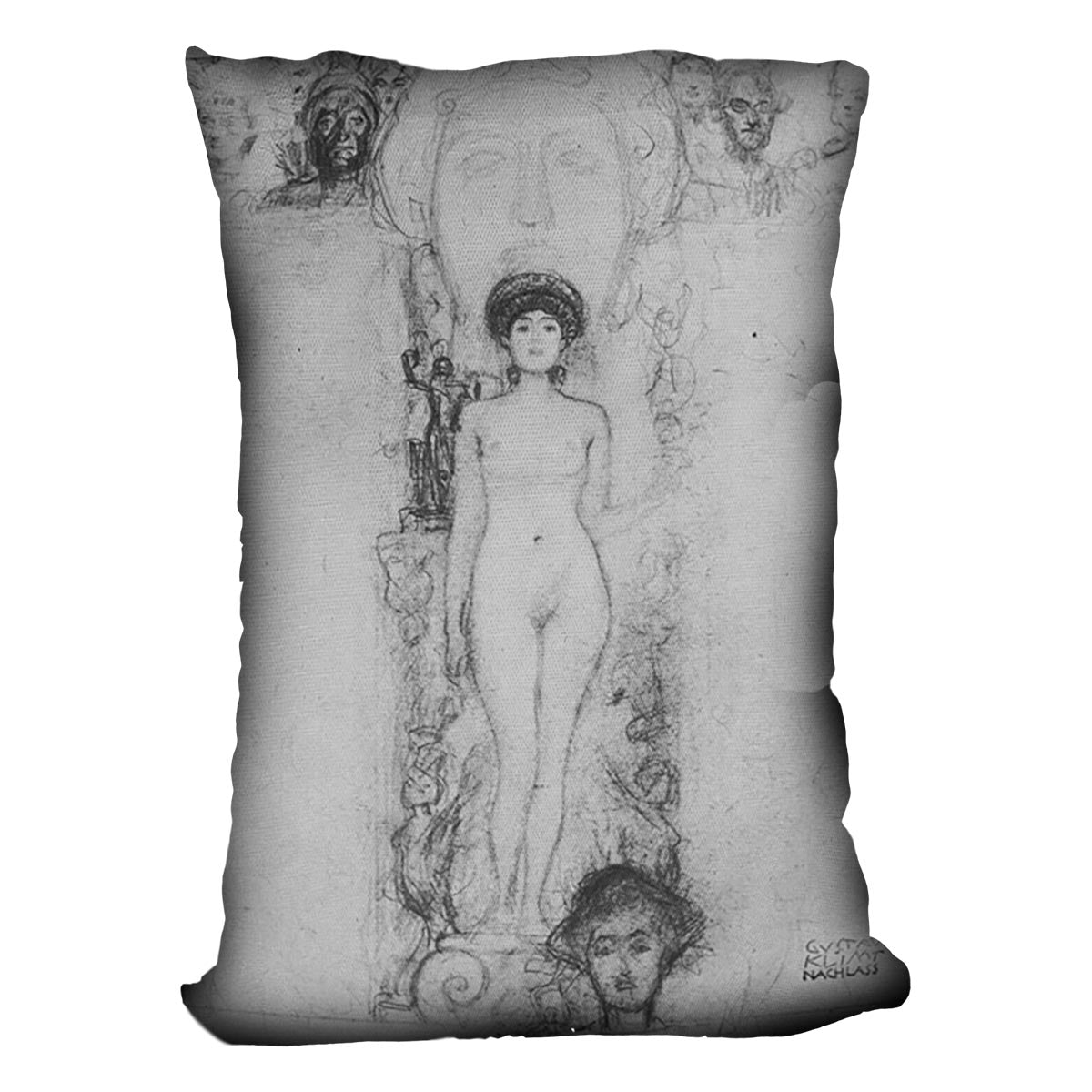 Allegory of Sculpture by Klimt Cushion featuring vibrant abstract design on luxurious vegan faux suede.