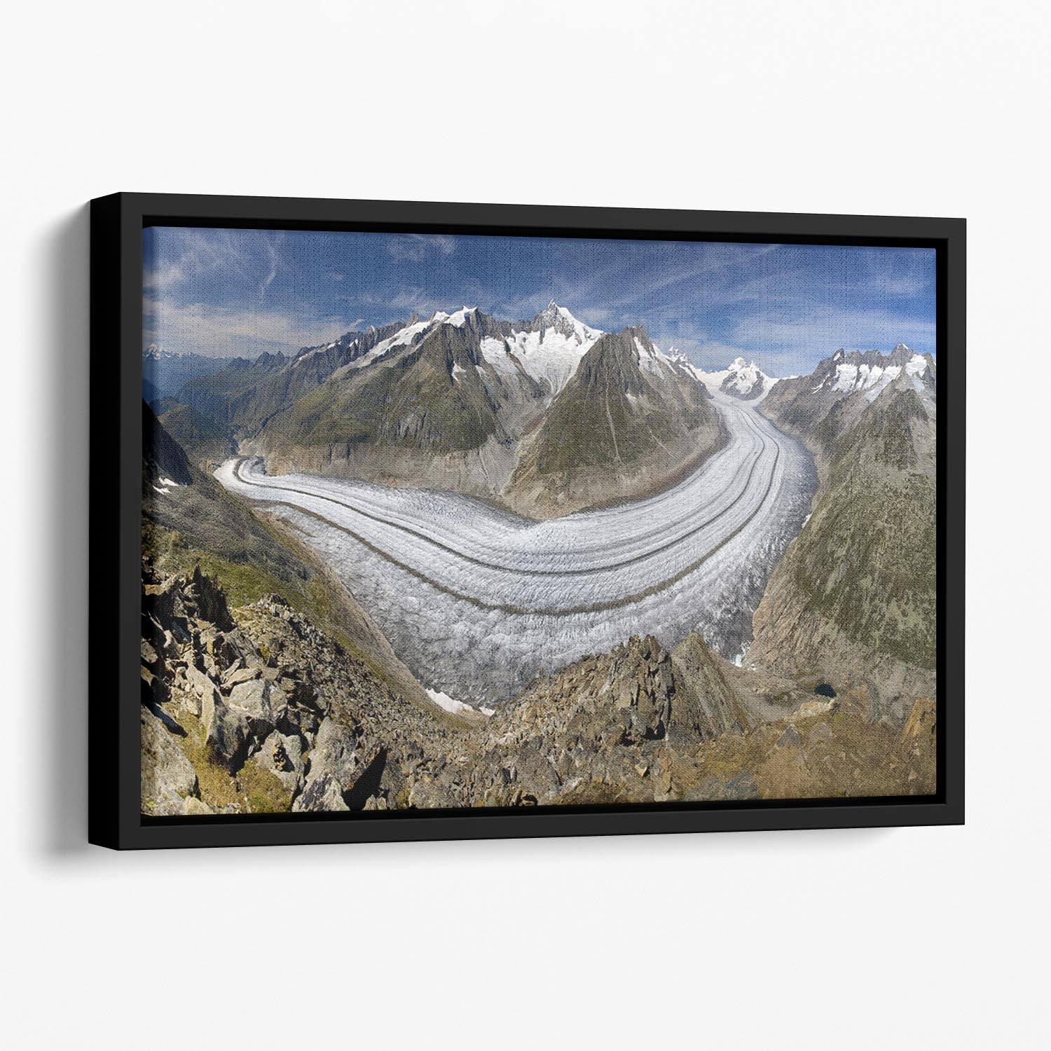 Aletschgletscher Floating Framed Canvas featuring vibrant abstract colors in a handcrafted wooden frame.