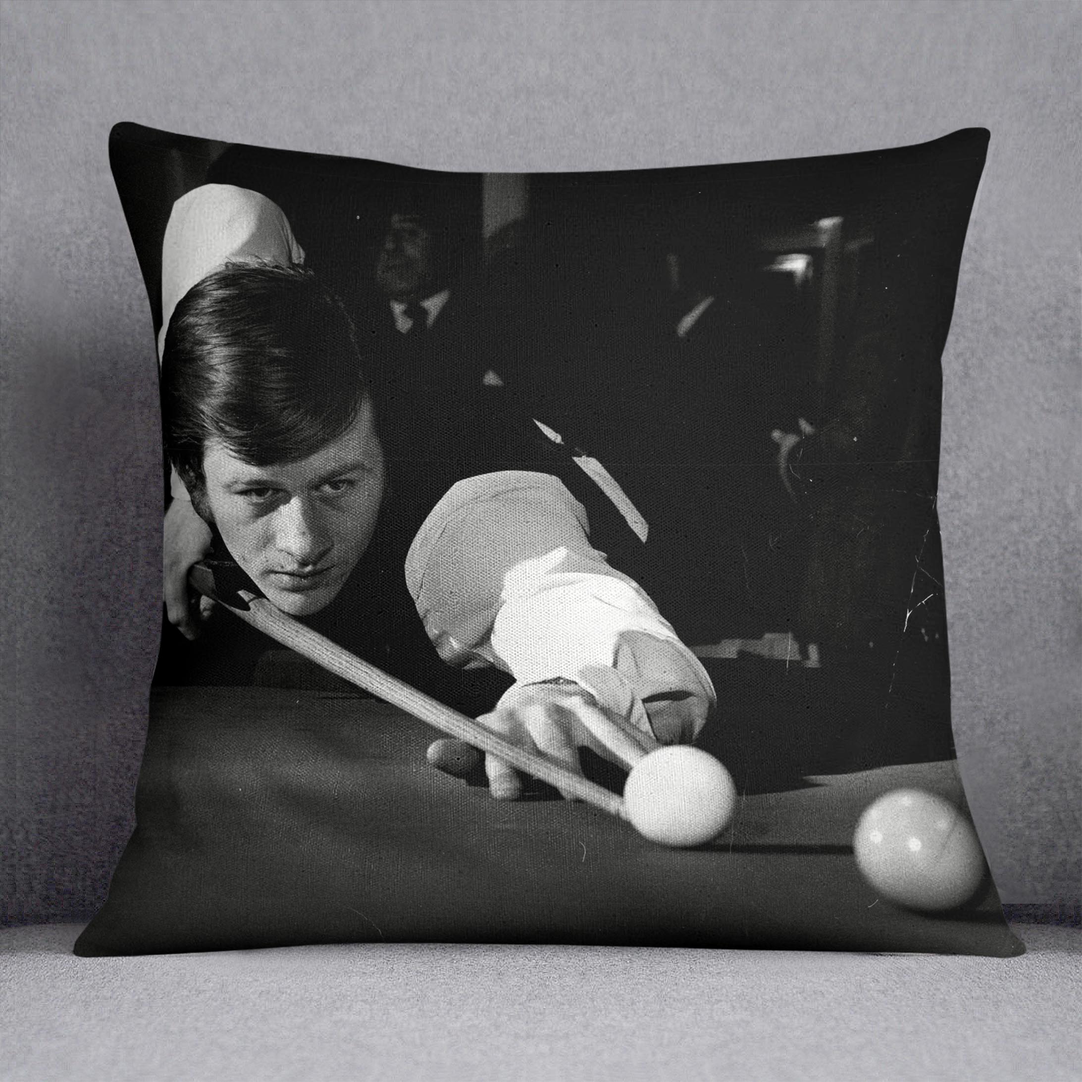 Alex Hurricane Higgins 1972 Cushion featuring vibrant abstract design on luxurious vegan faux suede, perfect for home decor.