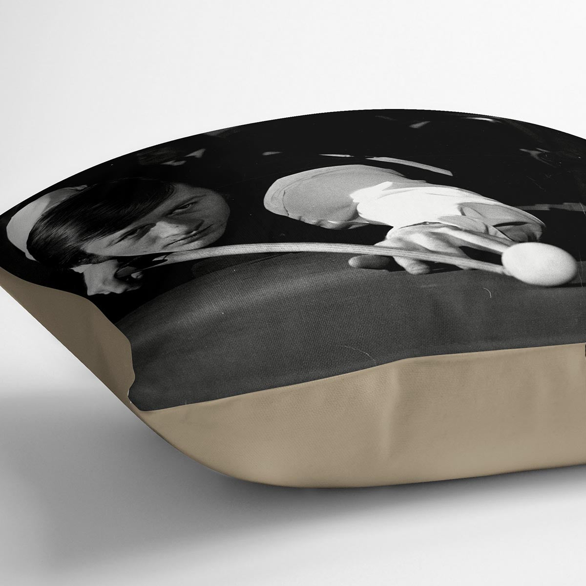 Alex Hurricane Higgins 1972 Cushion featuring vibrant abstract design on luxurious vegan faux suede, perfect for home decor.