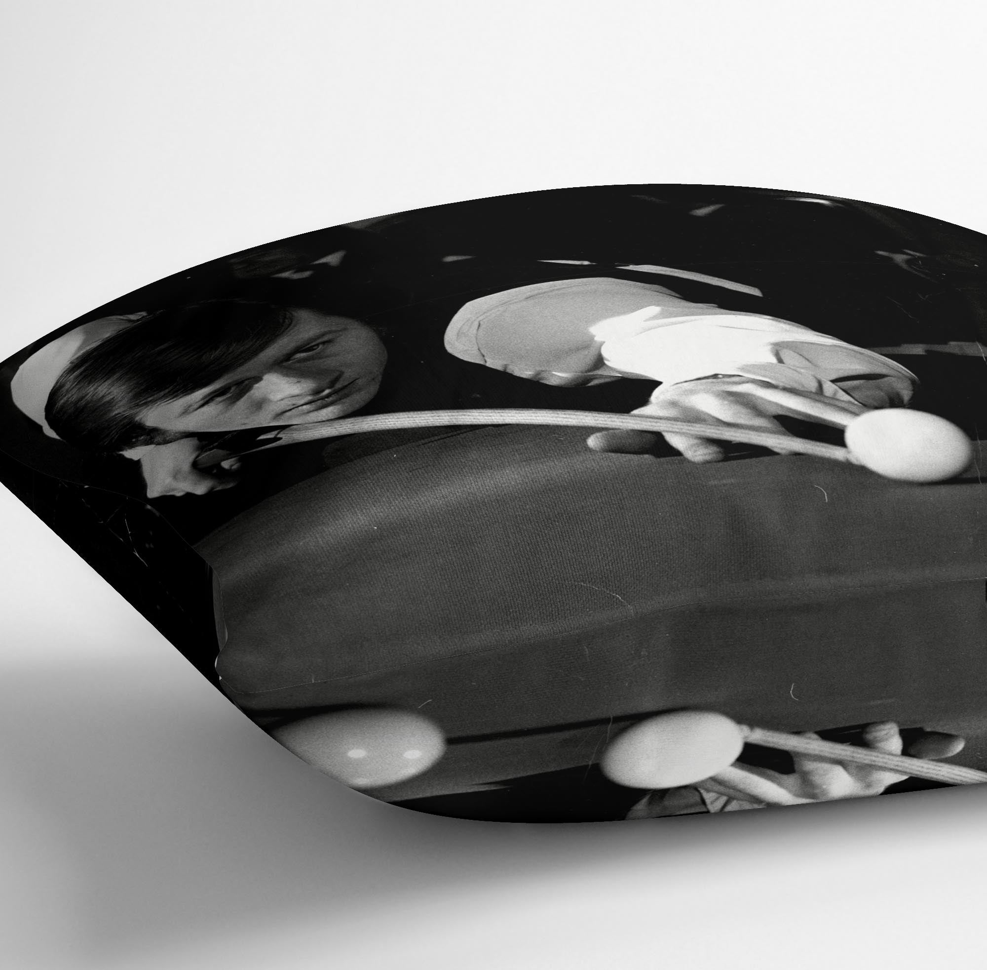 Alex Hurricane Higgins 1972 Cushion featuring vibrant abstract design on luxurious vegan faux suede, perfect for home decor.