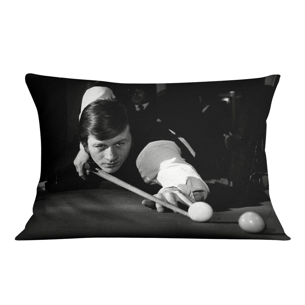 Alex Hurricane Higgins 1972 Cushion featuring vibrant abstract design on luxurious vegan faux suede, perfect for home decor.