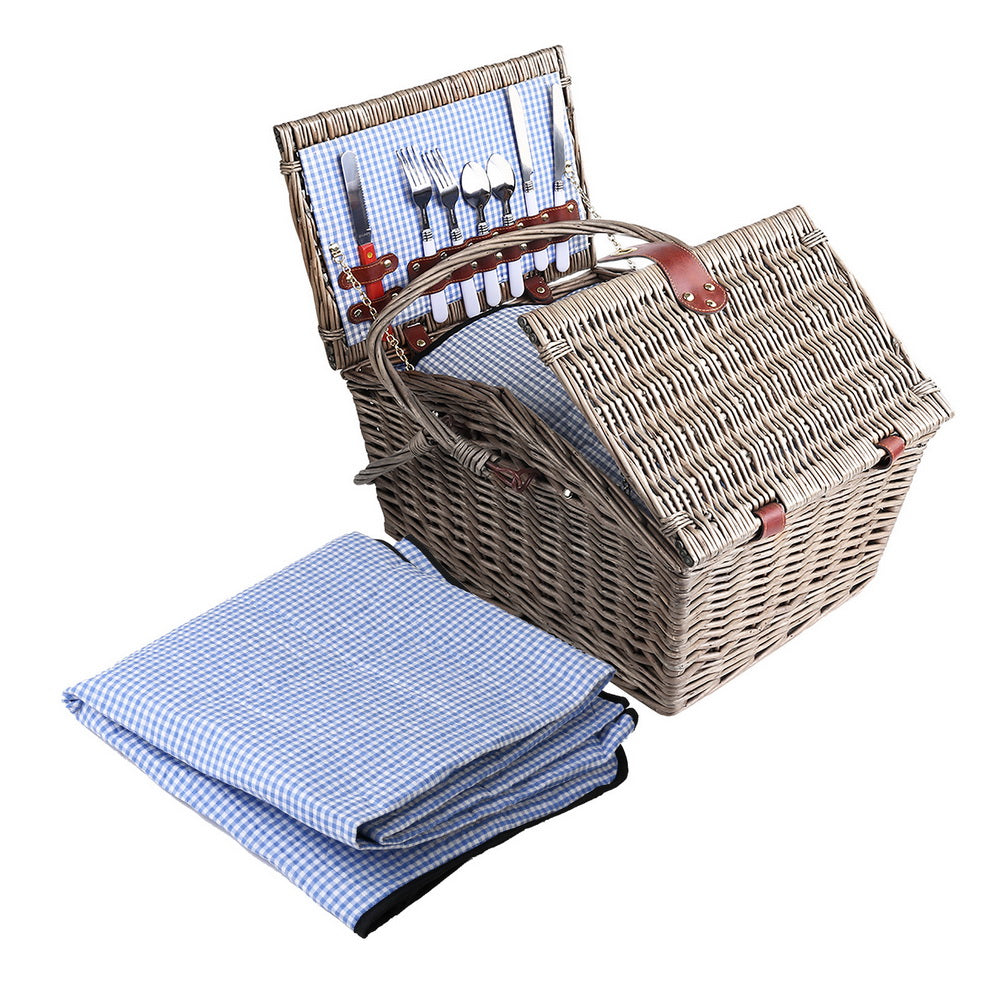Alfresco 4 Person Picnic Basket Deluxe with cutlery, plates, and blanket, perfect for outdoor dining.