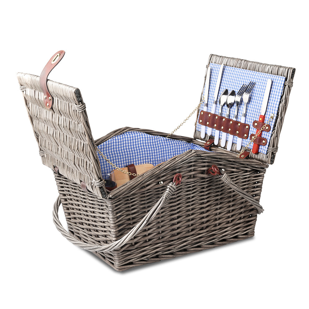 Alfresco 4 Person Picnic Basket Deluxe with cutlery, plates, and blanket, perfect for outdoor dining.