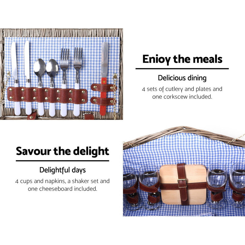Alfresco 4 Person Picnic Basket Deluxe with cutlery, plates, and blanket, perfect for outdoor dining.