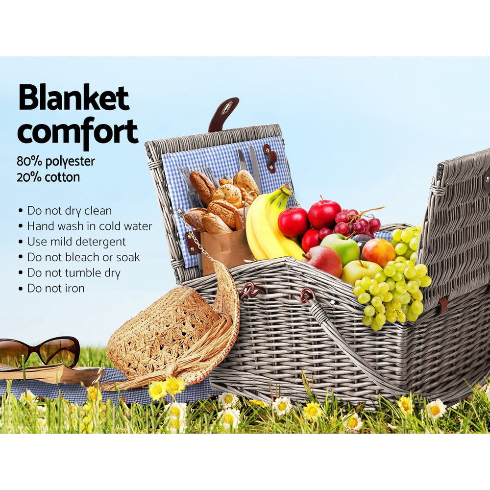 Alfresco 4 Person Picnic Basket Deluxe with cutlery, plates, and blanket, perfect for outdoor dining.