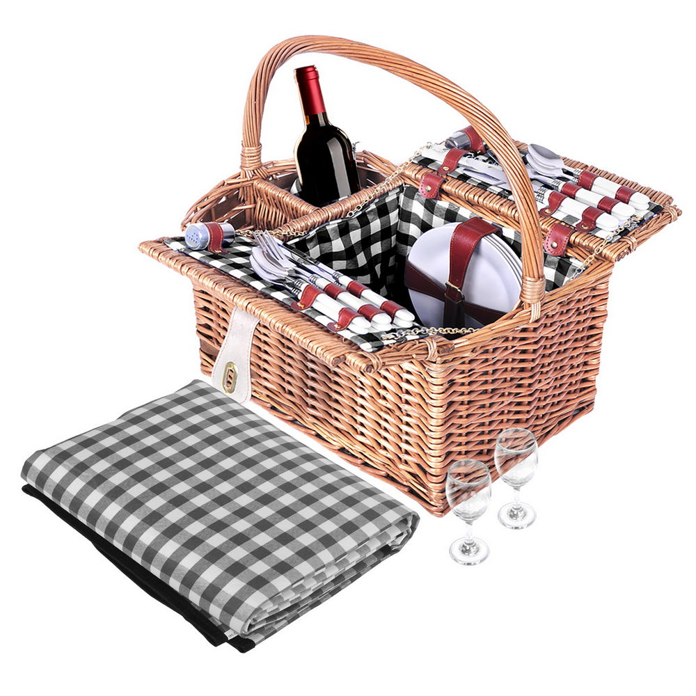 Alfresco 4 Person Picnic Basket Set featuring quality willow construction, PU leather straps, and a matching insulated blanket for outdoor picnics.