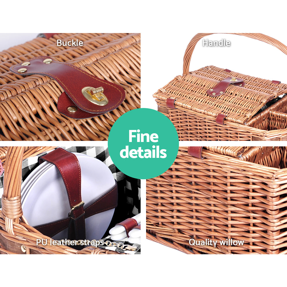 Alfresco 4 Person Picnic Basket Set featuring quality willow construction, PU leather straps, and a matching insulated blanket for outdoor picnics.