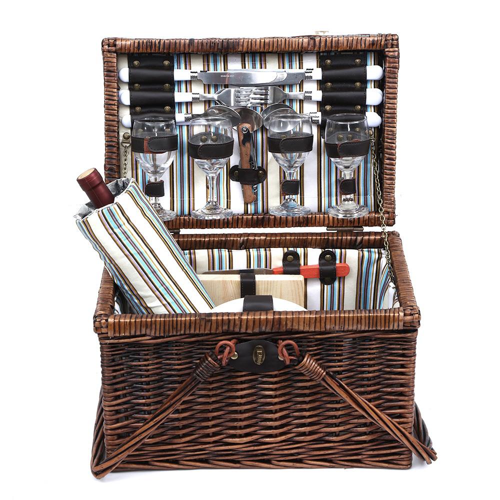 Alfresco 4 Person Picnic Basket Set Deluxe featuring quality willow, PU leather straps, and complete cutlery for outdoor dining.