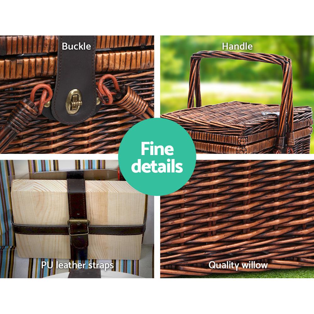 Alfresco 4 Person Picnic Basket Set Deluxe featuring quality willow, PU leather straps, and complete cutlery for outdoor dining.