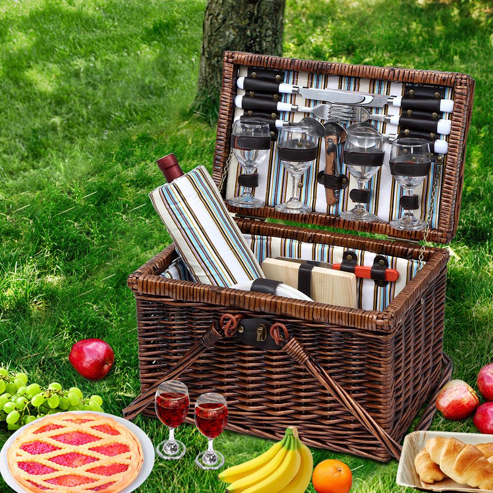 Alfresco 4 Person Picnic Basket Set Deluxe featuring quality willow, PU leather straps, and complete cutlery for outdoor dining.