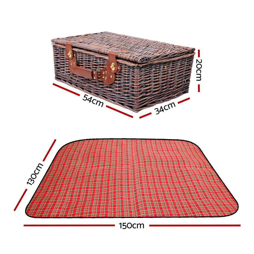 Alfresco 4 Person Picnic Basket with wicker design, PU leather straps, and a matching blanket, perfect for outdoor picnics.