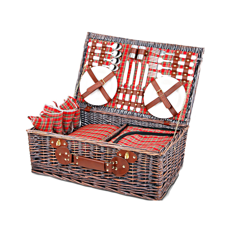 Alfresco 4 Person Picnic Basket with wicker design, PU leather straps, and a matching blanket, perfect for outdoor picnics.