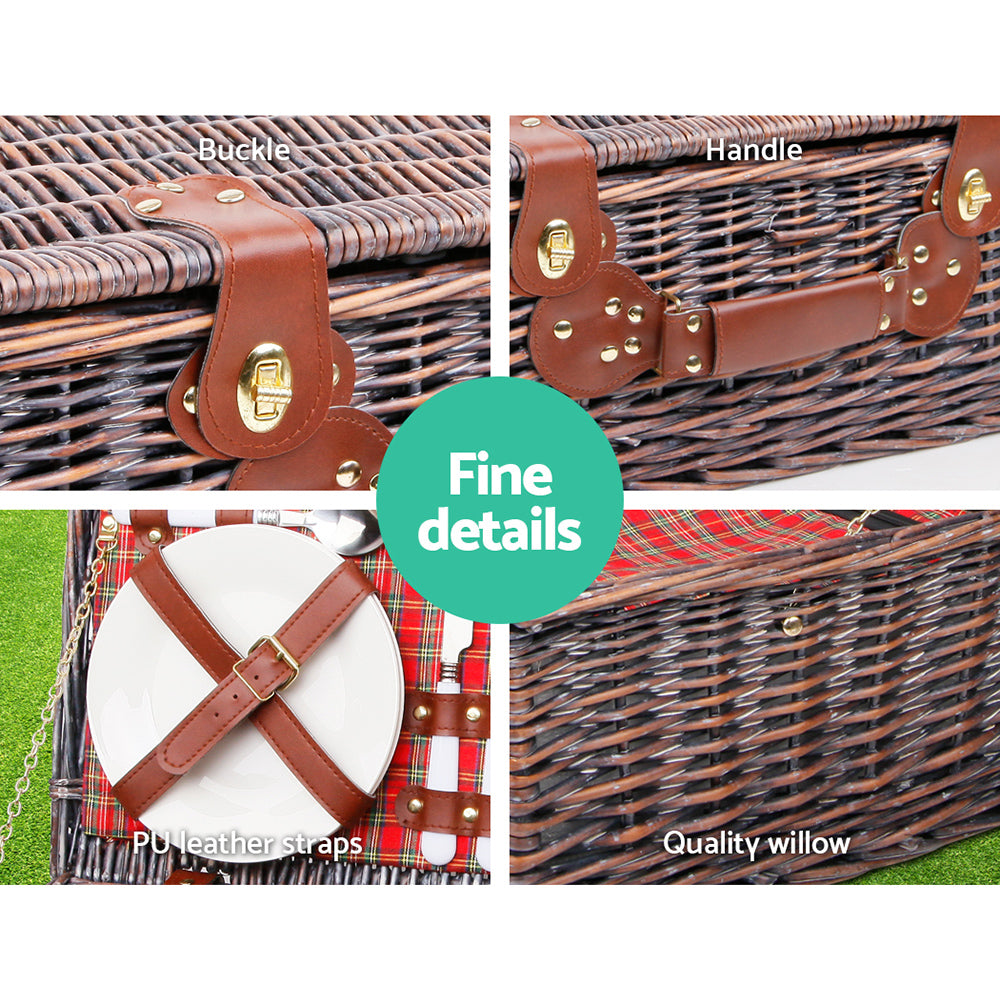 Alfresco 4 Person Picnic Basket with wicker design, PU leather straps, and a matching blanket, perfect for outdoor picnics.
