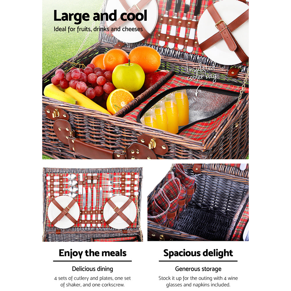 Alfresco 4 Person Picnic Basket with wicker design, PU leather straps, and a matching blanket, perfect for outdoor picnics.