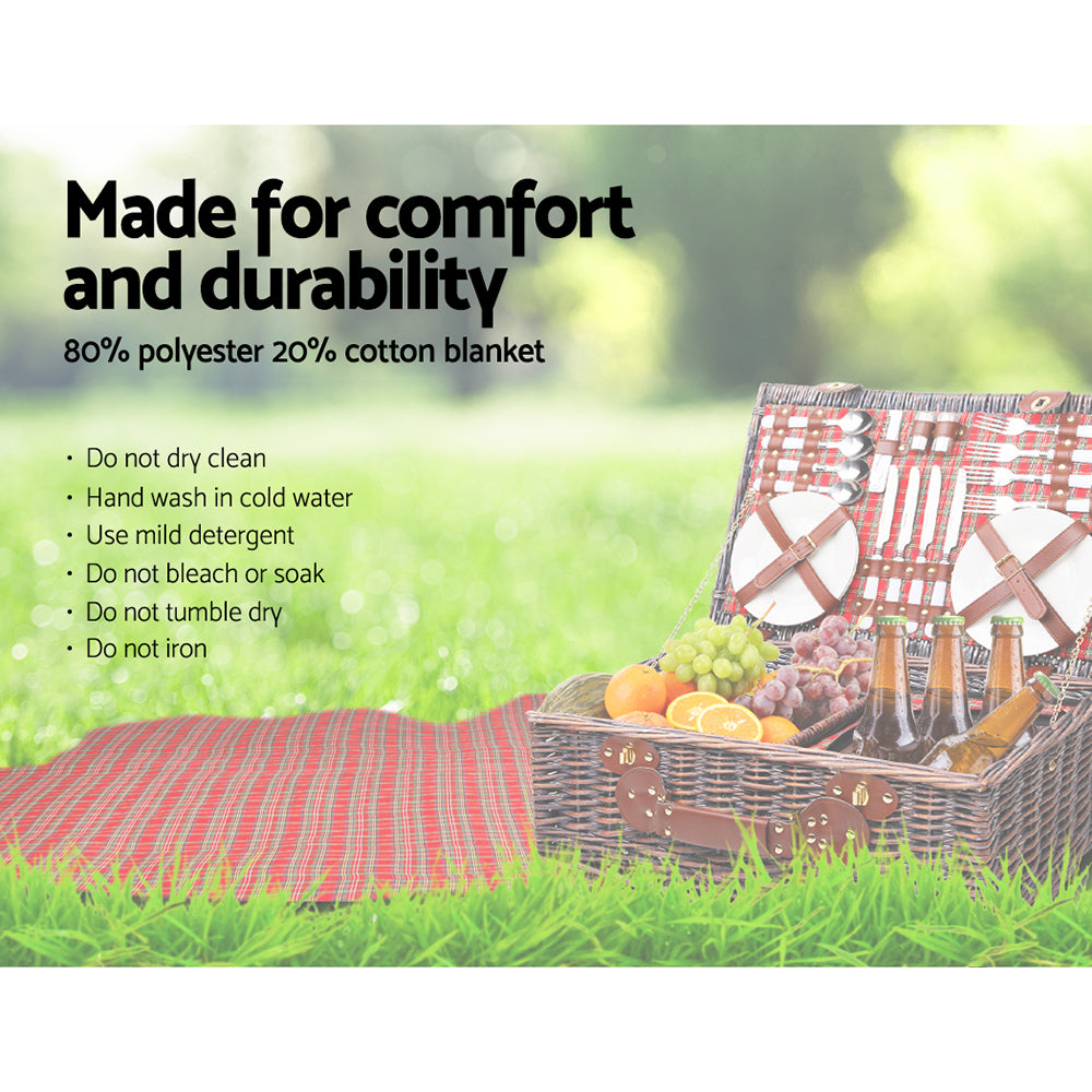 Alfresco 4 Person Picnic Basket with wicker design, PU leather straps, and a matching blanket, perfect for outdoor picnics.