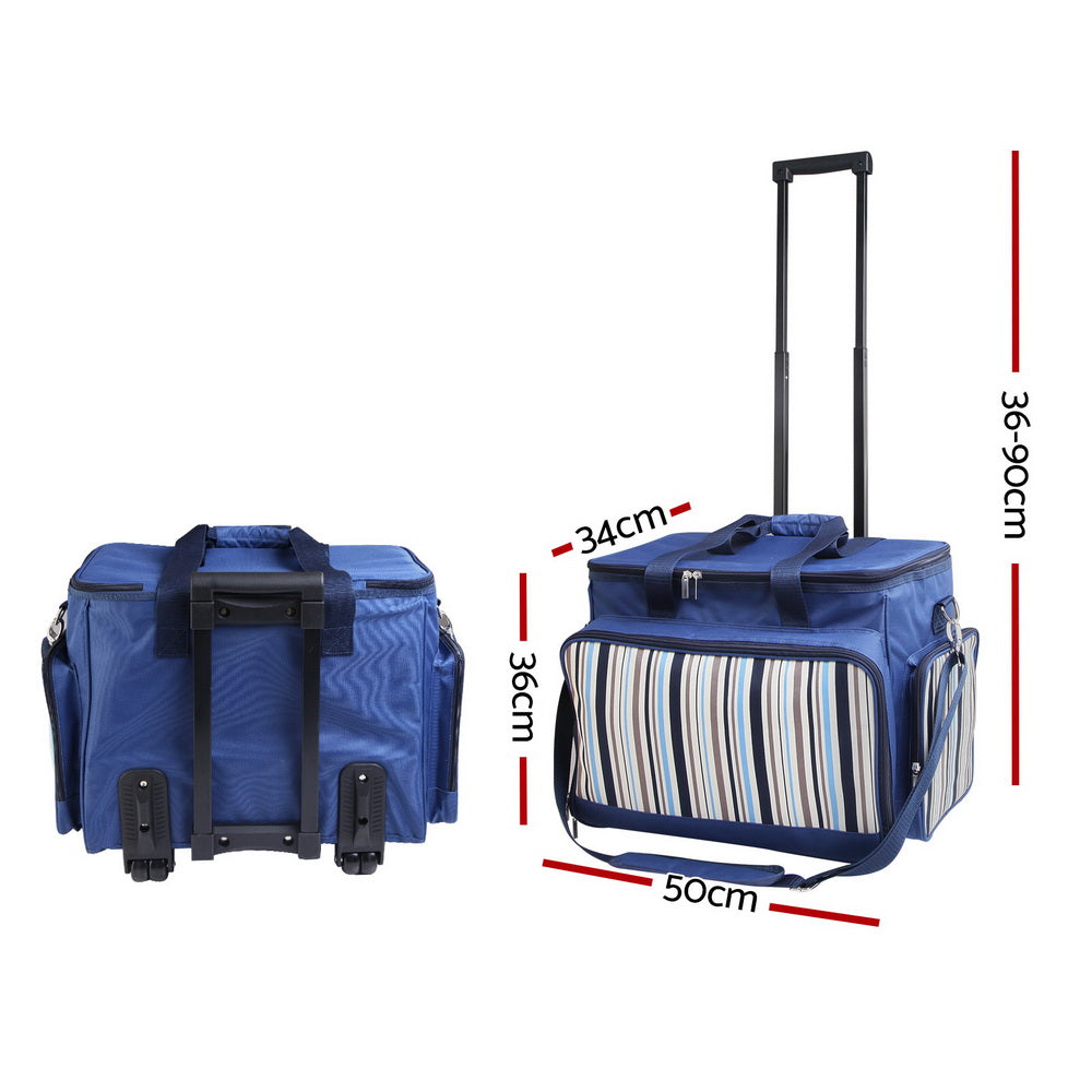 Alfresco 6 Person Picnic Basket Set with cooler and wheels, featuring a stylish blue design and complete dining accessories.