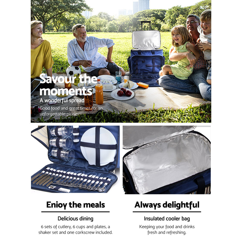 Alfresco 6 Person Picnic Basket Set with cooler and wheels, featuring a stylish blue design and complete dining accessories.