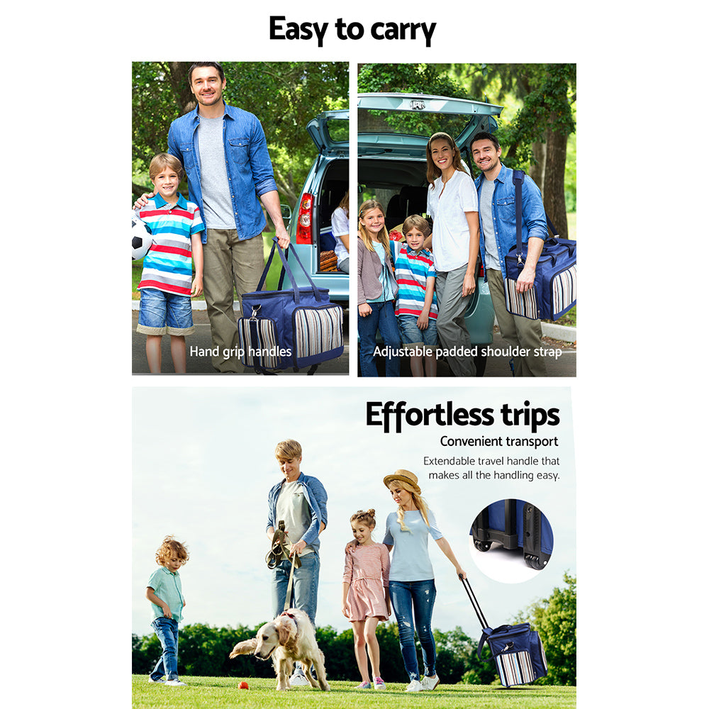 Alfresco 6 Person Picnic Basket Set with cooler and wheels, featuring a stylish blue design and complete dining accessories.