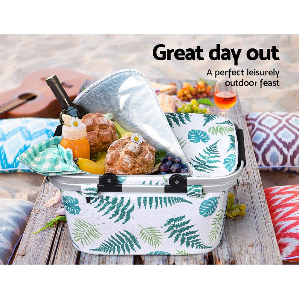 Alfresco Folding Picnic Bag Basket Hamper, featuring a durable polyester exterior and insulated aluminium foil interior, perfect for outdoor adventures.