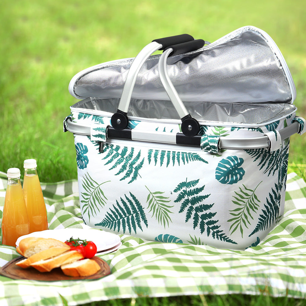 Alfresco Folding Picnic Bag Basket Hamper, featuring a durable polyester exterior and insulated aluminium foil interior, perfect for outdoor adventures.