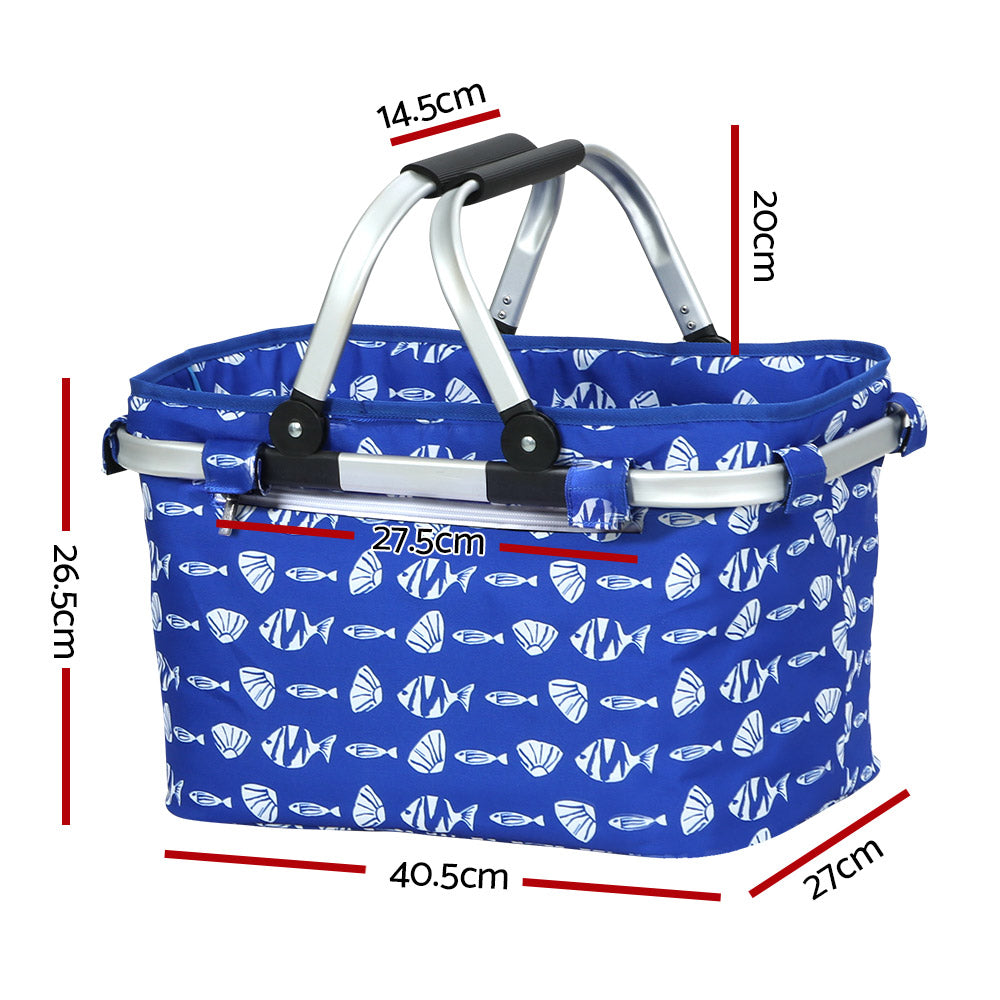 Alfresco Picnic Bag Basket in a natural outdoor setting, showcasing its durable polyester fabric and lightweight aluminium frame.
