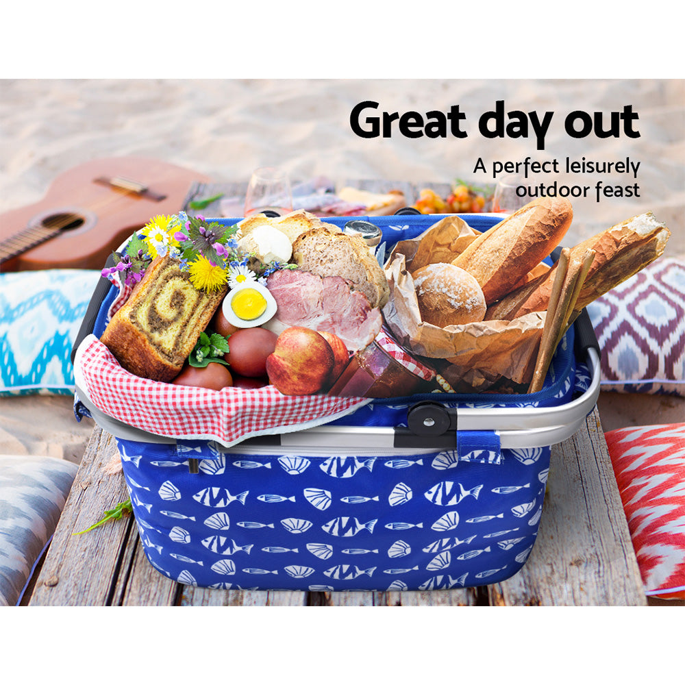 Alfresco Picnic Bag Basket in a natural outdoor setting, showcasing its durable polyester fabric and lightweight aluminium frame.