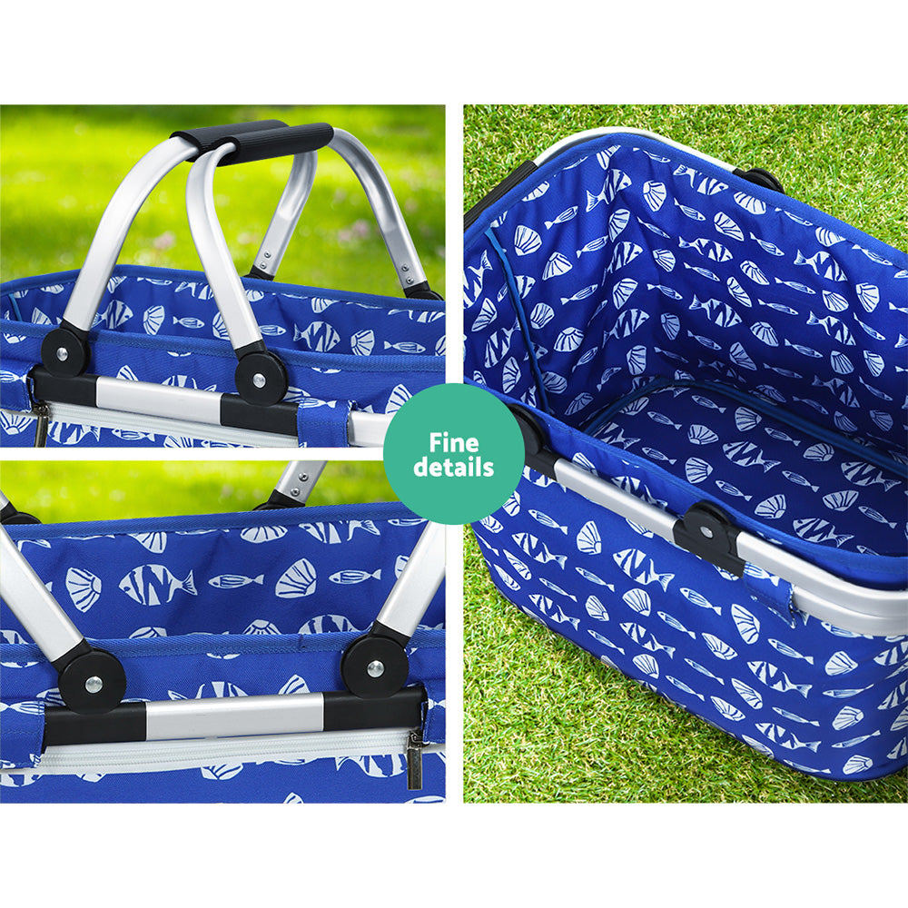 Alfresco Picnic Bag Basket in a natural outdoor setting, showcasing its durable polyester fabric and lightweight aluminium frame.