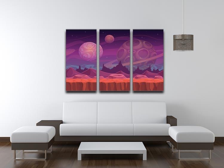 A stunning 3-panel canvas print featuring an alien landscape, showcasing vibrant colors and intricate details, perfect for modern decor.