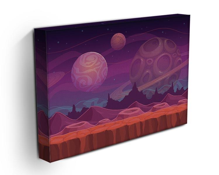 A vibrant alien landscape canvas print featuring surreal colors and imaginative scenery, perfect for modern decor.