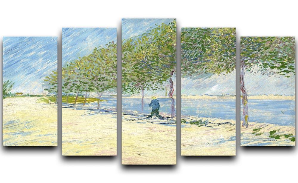 A 5-split canvas artwork featuring Van Gogh's Along the Seine, showcasing vibrant colors and dynamic design across five panels.
